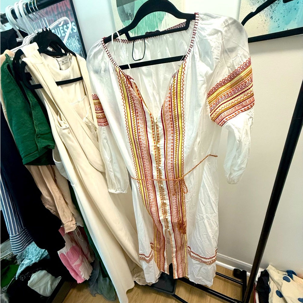 Zara White Dress with Red and Yellow Embroidery